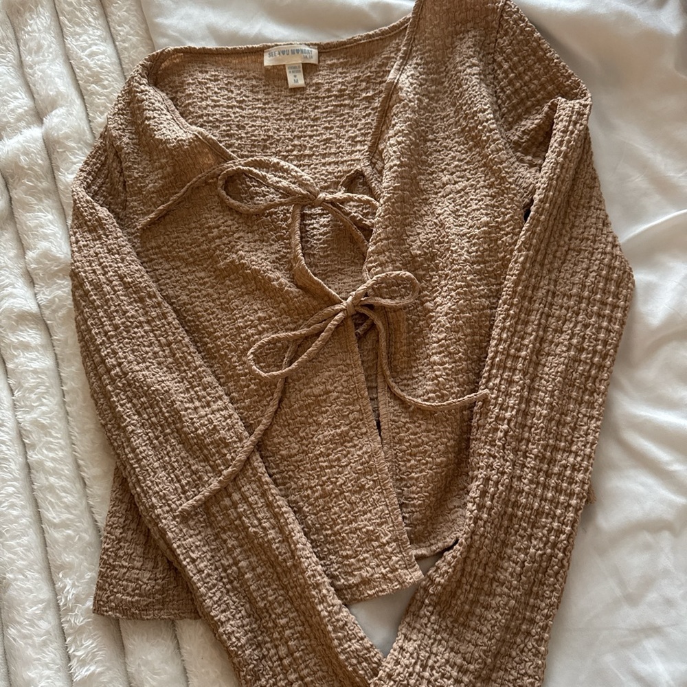 See You Monday Tan Tie-Front Waffle Knit Top